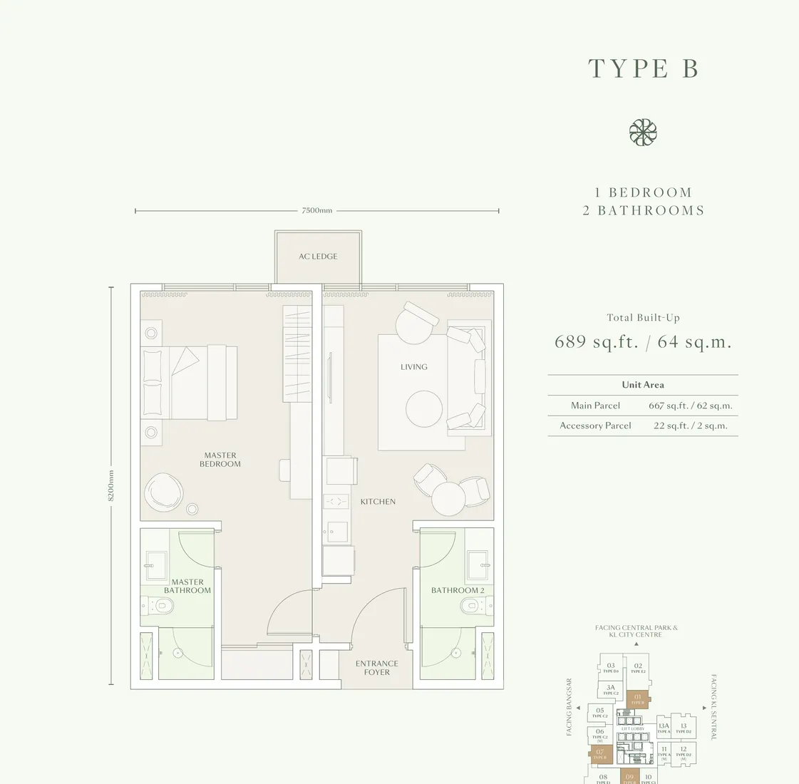 Parkside Residences Type B 戶型圖・689 呎