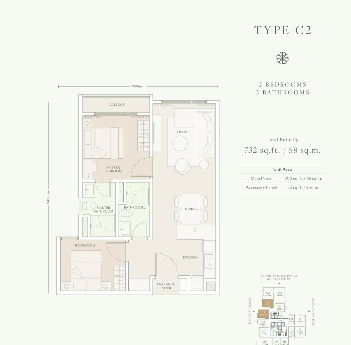Parkside Residences Type C2 戶型圖・732 呎