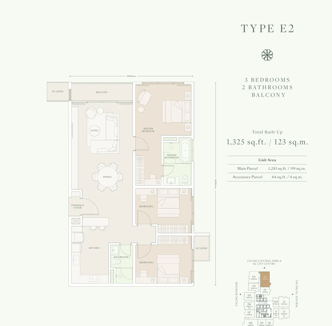 Parkside Residences Type E2 戶型圖・1325 呎